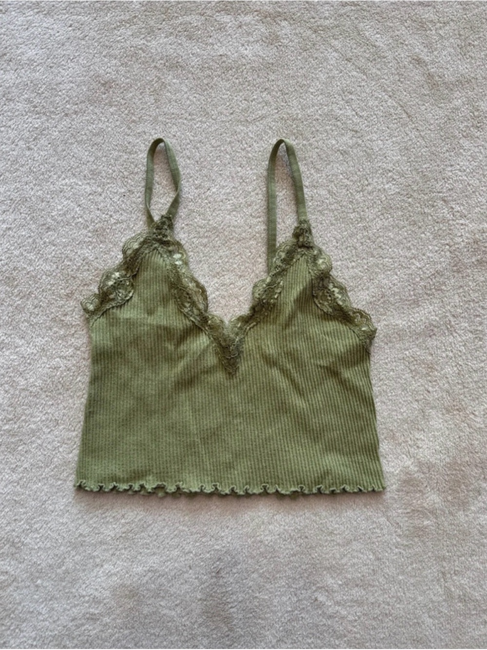 Lace-Trim Olive Ribbed Crop Cami